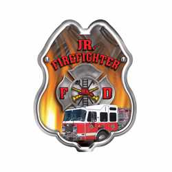 Jr FF Maltese & Fire Truck Sticker Badge firefighter badge, kids firefighter badge, junior firefighter badge, patriotic firefighter badge, fire safety products, fire fighting, fire prevention