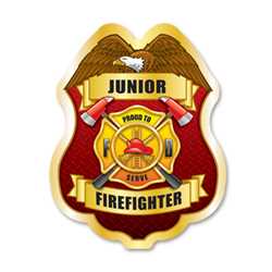 Jr. FF Proud To Serve Gold Sticker Badge firefighting, fire safety product, fire prevention product, plastic firefighting badge, plastic fire badge