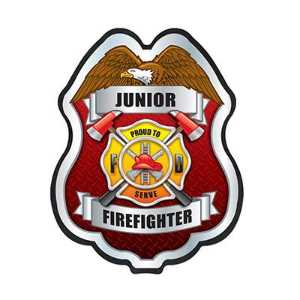 Jr. FF Proud to Serve Silver Plastic Clip-On Badge jr ff proud to serve badge, silver firefighter badge for kids, clip-on fire badge, fire department children’s giveaways, EMS outreach items, police department community handouts, safety event badges, first responder promotional items