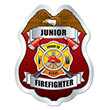 Jr. FF Proud to Serve Silver Sticker Badge jr ff proud to serve sticker, silver firefighter sticker for kids, fire department children’s giveaways, EMS outreach items, police department community handouts, safety event stickers, first responder promotional items