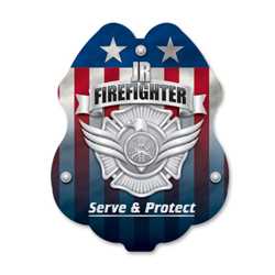 Jr. FF Silver Serve & Protect Sticker Badge fire fighting, fire safety product, fire prevention, plastic fire badge, firefighting badge