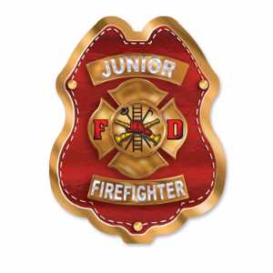 Jr FF Wood Maltese Cross Sticker Badge firefighter badge, kids firefighter badge, junior firefighter badge, patriotic firefighter badge, fire safety products, fire fighting, fire prevention