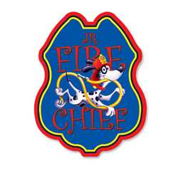 Jr Fire Chief Blue Dalmatian Sticker Badge firefighter badge, kids firefighter badge, junior firefighter badge, patriotic firefighter badge, fire safety products, fire fighting, fire prevention
