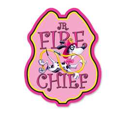 Jr Fire Chief Pink Dalmatian Sticker Badge firefighter badge, kids firefighter badge, junior firefighter badge, patriotic firefighter badge, fire safety products, fire fighting, fire prevention