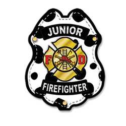Jr Firefighter Dalmatian Sticker Badge firefighter badge, kids firefighter badge, junior firefighter badge, patriotic firefighter badge, fire safety products, fire fighting, fire prevention