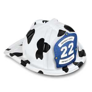 Jr Firefighter Specialty Hat - Custom Blue/White Number Shield firefighting, fire safety product, fire prevention, plastic fire hats, fire hats, kids fire hats, junior firefighter hat, blue white firefighter hat, custom number shield, jr firefighter hat, kids fire hat, customizable fire emblem, fire department giveaways, EMS community outreach, police department event supplies, children’s fire safety items, fire prevention week handouts