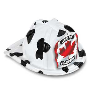 Jr Firefighter Specialty Hat - Jeune Pompier - Canadian Leaf Shield firefighting, fire safety product, fire prevention, plastic fire hats, fire hats, kids fire hats, junior firefighter hat, custom fire hat, jr firefighter hat jeune pompier, canadian leaf firefighter kids helmet, maple leaf fire department hat, bilingual firefighter hat for children, fire department children’s giveaways, EMS outreach items, police department community handouts, kids firefighter helmet, safety event giveaways, first responder promotional items