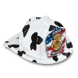 Jr. Firefighter Specialty Hat - Patriotic Shield firefighting, fire safety product, fire prevention, plastic fire hats, fire hats, kids fire hats, junior firefighter hat, patriotic firefighter hat, jr firefighter hat, kids fire hat, red white blue fire shield, fire department giveaways, EMS community outreach, police department event supplies, children’s fire safety items, fire prevention week handouts