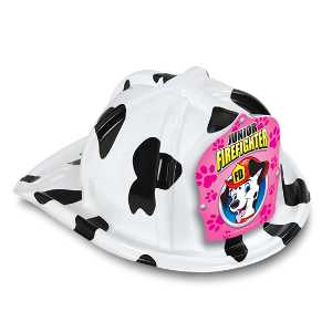 Jr. Firefighter Specialty Hat - Pink Dalmatian Shield firefighting, fire safety product, fire prevention, plastic fire hats, fire hats, kids fire hats, junior firefighter hat, jr firefighter hat pink dalmatian shield, pink dalmatian firefighter hat, pink firefighter hat for kids, fire department children’s giveaways, EMS outreach items, police department community handouts, kids firefighter helmet, safety event giveaways, first responder promotional items