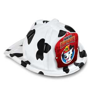 Jr. Firefighter Specialty Hat - Red Dalmatian Shield firefighting, fire safety product, fire prevention, plastic fire hats, fire hats, kids fire hats, junior firefighter hat, jr firefighter hat dalmatian shield, dalmatian firefighter hat, red firefighter hat for kids, fire department children’s giveaways, EMS outreach items, police department community handouts, kids firefighter helmet, safety event giveaways, first responder promotional items