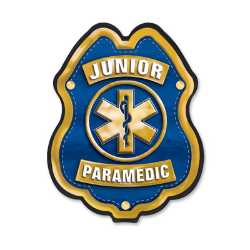 Jr Paramedic Blue/Gold Plastic Clip-On Badge jr paramedic decal badge, blue and gold badge, EMS promotional items, fire department giveaways, police community outreach, kids safety handouts, sticker badge giveaway, public education materials