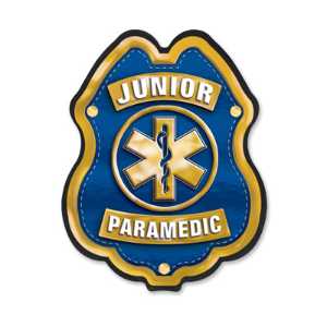 Jr Paramedic Blue/Gold Plastic Clip-On Badge jr paramedic decal badge, blue and gold badge, EMS promotional items, fire department giveaways, police community outreach, kids safety handouts, sticker badge giveaway, public education materials