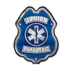Jr Paramedic Blue/Silver Plastic Clip-On Badge jr paramedic decal badge, blue and silver badge, EMS promotional items, fire department giveaways, police community outreach, kids safety handouts, sticker badge giveaway, public education materials