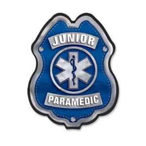 Jr Paramedic Blue/Silver Plastic Clip-On Badge jr paramedic decal badge, blue and silver badge, EMS promotional items, fire department giveaways, police community outreach, kids safety handouts, sticker badge giveaway, public education materials