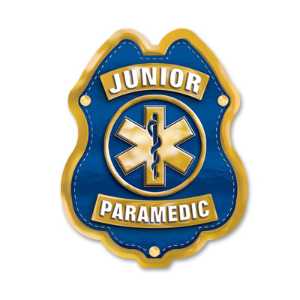 Jr Paramedic Blue and Gold Sticker Badge jr paramedic sticker badge, blue gold paramedic badge, EMS kids giveaway, fire department promotional items, police community outreach, emergency preparedness badge, sticker badge for kids, public education materials