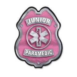 Jr Paramedic Pink/Silver Plastic Clip-On Badge jr paramedic decal badge, pink and silver badge, EMS promotional items, fire department giveaways, police community outreach, kids safety handouts, sticker badge giveaway, public education materials