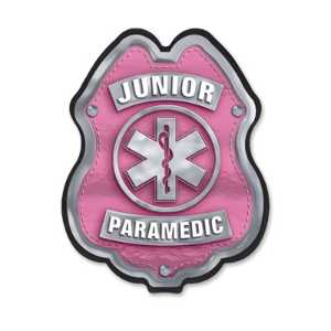 Jr Paramedic Pink/Silver Plastic Clip-On Badge jr paramedic decal badge, pink and silver badge, EMS promotional items, fire department giveaways, police community outreach, kids safety handouts, sticker badge giveaway, public education materials