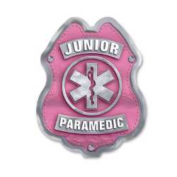 Jr Paramedic Pink and Silver Sticker Badge jr paramedic sticker badge, pink paramedic badge, silver EMS badge, EMS kids giveaway, fire department promotional items, police community outreach, emergency preparedness badge, sticker badge for kids, public education materials