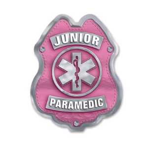 Jr Paramedic Pink and Silver Sticker Badge jr paramedic sticker badge, pink paramedic badge, silver EMS badge, EMS kids giveaway, fire department promotional items, police community outreach, emergency preparedness badge, sticker badge for kids, public education materials