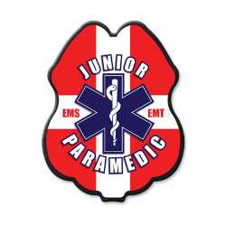 Jr Paramedic Red, White & Blue Plastic Clip-On Badge jr paramedic decal badge, red white blue badge, EMS promotional items, fire department giveaways, police community outreach, kids safety handouts, sticker badge giveaway, public education materials