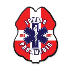 Jr Paramedic Red, White & Blue Plastic Clip-On Badge jr paramedic decal badge, red white blue badge, EMS promotional items, fire department giveaways, police community outreach, kids safety handouts, sticker badge giveaway, public education materials