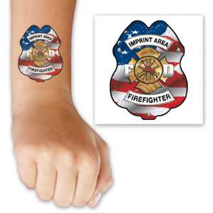 Patriotic Badge Custom Tattoo patriotic badge custom tattoo, fire department custom tattoo, EMS custom giveaway, police department promotional items, kids fire safety tattoo, personalized patriotic tattoo, community outreach handouts, first responder promotional items