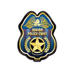 Patriotic Gold Jr. Police Chief Badge Police, safety product, educational, plastic police badge, police officer badge, stock badge, stock police badge, Patriotic Gold Jr Police Chief Badge, SS66785P9, kids patriotic police badge, junior police chief badge, clip on police badge, police promotional products, community event giveaways, patriotic outreach supplies, safety education items, youth police badge, bulk kids badges, law enforcement promotional products