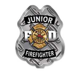 Patriotic Maltese Cross Diamond Plate Sticker Badge firefighter badge, kids firefighter badge, junior firefighter badge, patriotic firefighter badge, fire safety products, fire fighting, fire prevention