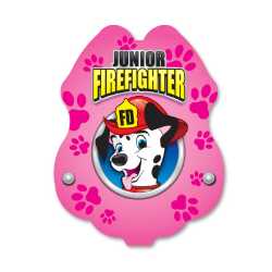 Pink Dalmatian Sticker Badge pink dalmatian badge, fire pup sticker badge, kids fire safety giveaway, fire department promotional items, EMS community outreach, police event giveaways, sticker badge for kids, public education materials