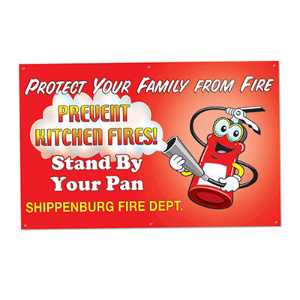 Prevent Kitchen Fires - Custom Banner 37.5" x 60"   prevent kitchen fires banner, fire safety banner, custom safety signage, Made in USA fire banner, community event fire safety, EMS safety education materials, police department outreach supplies, kitchen fire prevention display