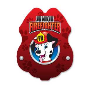 Red Dalmatian Sticker Badge dalmatian sticker badge, red fire pup badge, fire department giveaways, kids fire safety badge, EMS promotional items, police community outreach, sticker badge giveaway, public education materials