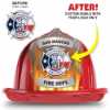 No Elastic - Red Fire Hat with Full Custom Shield firefighting, fire safety product, fire prevention, plastic fire hats, fire hats, kids fire hats, junior firefighter hat, custom fire hat