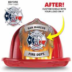 No Elastic - Red Fire Hat with Full Custom Shield firefighting, fire safety product, fire prevention, plastic fire hats, fire hats, kids fire hats, junior firefighter hat, custom fire hat