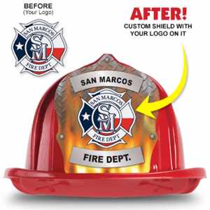 No Elastic - Red Fire Hat with Full Custom Shield firefighting, fire safety product, fire prevention, plastic fire hats, fire hats, kids fire hats, junior firefighter hat, custom fire hat