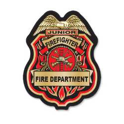 Red/Gold Jr Firefighter Plastic Clip-On Badge Red/Gold Jr. Firefighter Decal Badge. Bright peel-and-stick badge ideal for fire department, EMS, and police department community events, school programs, and safety outreach.