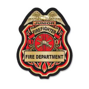 Red/Gold Jr Firefighter Plastic Clip-On Badge Red/Gold Jr. Firefighter Decal Badge. Bright peel-and-stick badge ideal for fire department, EMS, and police department community events, school programs, and safety outreach.