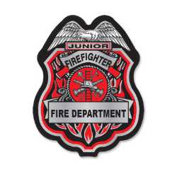 Red/Silver Jr Firefighter Plastic Clip-On Badge jr firefighter decal badge, red and silver badge, fire department giveaways, EMS promotional items, police community outreach, kids safety handouts, sticker badge giveaway, public education materials