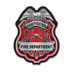 Red/Silver Jr Firefighter Plastic Clip-On Badge jr firefighter decal badge, red and silver badge, fire department giveaways, EMS promotional items, police community outreach, kids safety handouts, sticker badge giveaway, public education materials