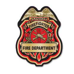 Red and Gold Jr Firefighter Sticker Badge Red and Gold Jr. Firefighter Sticker Badge. Fun, kid-friendly peel-and-stick badge ideal for fire department, EMS, and police department community events, school programs, and fire-safety outreach.
