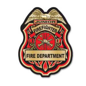 Red and Gold Jr Firefighter Sticker Badge Red and Gold Jr. Firefighter Sticker Badge. Fun, kid-friendly peel-and-stick badge ideal for fire department, EMS, and police department community events, school programs, and fire-safety outreach.