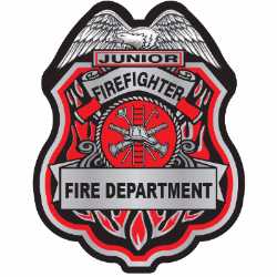 Red and Silver Jr Firefighter Sticker Badge jr firefighter sticker badge, red silver fire badge, kids fire safety giveaway, fire department promotional items, EMS community outreach, police event giveaways, sticker badge for kids, public education materials