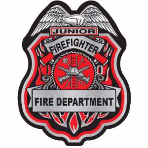Red and Silver Jr Firefighter Sticker Badge jr firefighter sticker badge, red silver fire badge, kids fire safety giveaway, fire department promotional items, EMS community outreach, police event giveaways, sticker badge for kids, public education materials