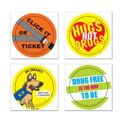 Safety Fun Stickers - Design 2 safety fun stickers, police department giveaways, community event stickers, National Night Out items, kids safety education, drug free stickers, click it or ticket sticker, don’t talk to strangers sticker, police outreach materials, public safety promotional items