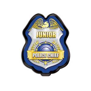 Silver/Blue Jr. Police Chief Badge Police, safety product, educational, plastic police badge, police officer badge, stock badge, stock police badge, Silver Blue Jr Police Chief Badge, SS66785P8, kids police chief badge, junior police chief badge, clip on police badge, police promotional items, community event giveaways, police outreach supplies, safety education items, youth police badge, bulk kids badges, law enforcement promotional products