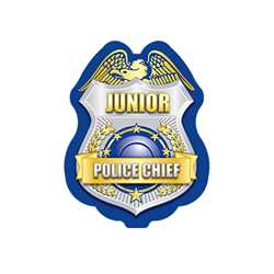 Silver/Blue Jr. Police Chief Sticker Badge Police, safety product, educational, sticker police badge, police officer badge, stock badge, stock police badge, stock sticker badge, stock