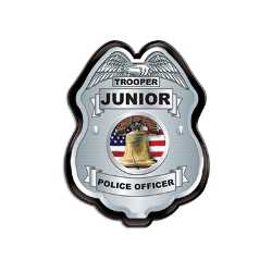 Silver Jr. Police Officer Badge Police, safety product, educational, plastic police badge, police officer badge, stock badge, stock police badge, Silver Jr Police Officer Badge, kids police badge, clip on police badge, junior officer badge, police promotional products, National Night Out giveaways, community policing supplies, safety education giveaways, police department outreach items, bulk kids badges, SS66785P2, police event giveaways