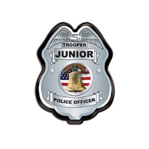 Silver Jr. Police Officer Badge Police, safety product, educational, plastic police badge, police officer badge, stock badge, stock police badge, Silver Jr Police Officer Badge, kids police badge, clip on police badge, junior officer badge, police promotional products, National Night Out giveaways, community policing supplies, safety education giveaways, police department outreach items, bulk kids badges, SS66785P2, police event giveaways