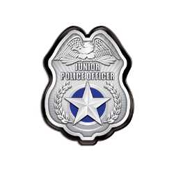 Silver Jr. Police Officer Badge Police, safety product, educational, plastic police badge, police officer badge, stock badge, stock police badge, Silver Jr Police Officer Badge, SS66785P4, kids police badge, clip on badge, junior police officer badge, police promotional products, National Night Out giveaways, community outreach police supplies, safety education items, youth police badge, bulk kids badges, police event giveaway