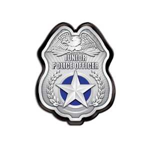 Silver Jr. Police Officer Badge Police, safety product, educational, plastic police badge, police officer badge, stock badge, stock police badge, Silver Jr Police Officer Badge, SS66785P4, kids police badge, clip on badge, junior police officer badge, police promotional products, National Night Out giveaways, community outreach police supplies, safety education items, youth police badge, bulk kids badges, police event giveaway