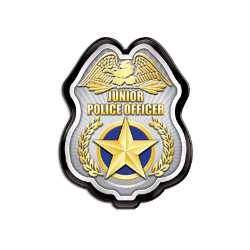 Silver Jr. Police Officer Badge Police, safety product, educational, plastic police badge, police officer badge, stock badge, stock police badge, Silver Jr Police Officer Badge, SS66785P6, kids police badge, clip on badge, junior police officer badge, police promotional products, community event giveaways, police fair supplies, safety education items, youth police badge, law enforcement promotional items, bulk kids badges